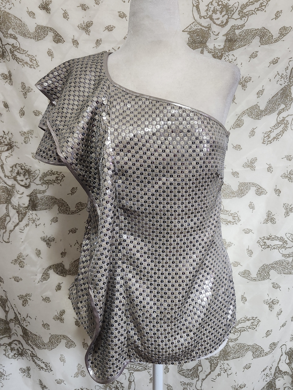 Karen Millen One-Shoulder Ruffle Silver Sequin Top Sz 6